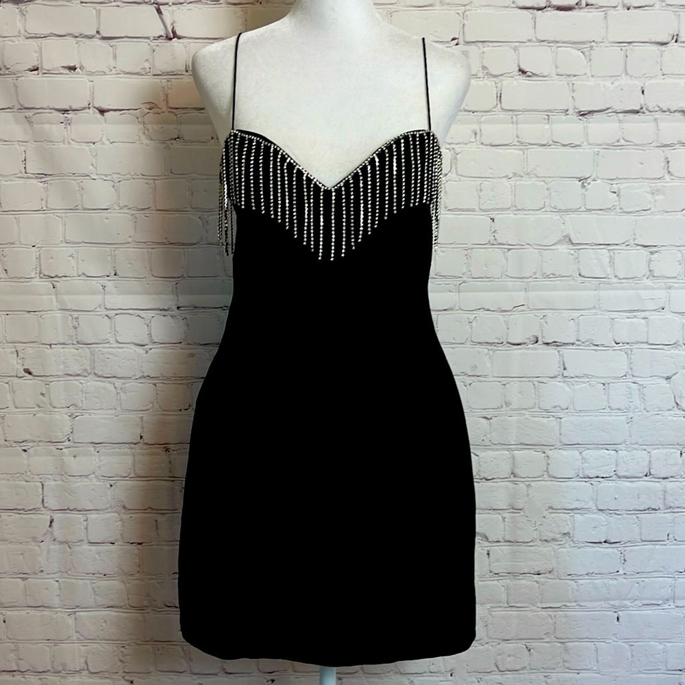 Zara Rhinestone Fringe Black Mini Dress